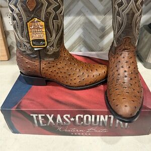 Texas Country Men's Brown Ostrich Embossed Leather Boots 12D